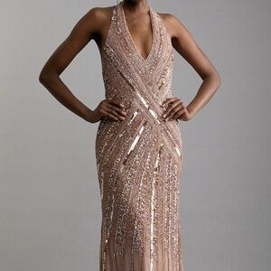 Karen Millen Metallic Embellished And Beaded Halter Maxi Dress